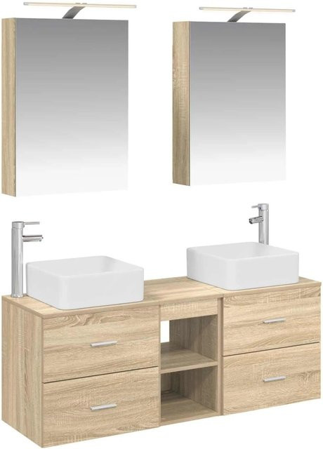 vidaXL Badezimmermöbel-Set 5-teilig in Sonoma-Eiche mit Spiegelschrank, Waschtischunterschrank und Wandschrank, modern mit LED-Beleuchtung und Glasfronten, Braun - Bild 1