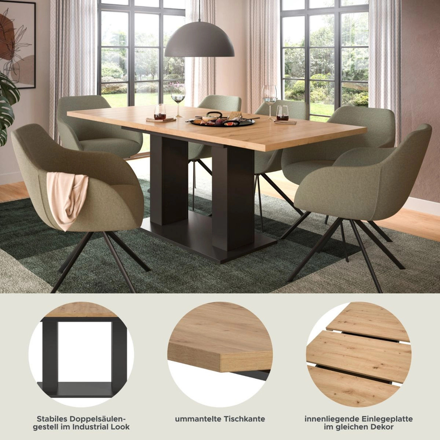 Ausziehbarer Esstisch Inn.Furn in Eiche und Grau, B/T/H: 150 x 90 x 76 cm (ausziehbar auf 190 cm) - Bild 5