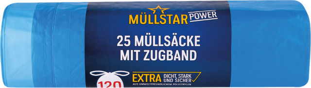 Müllstar Power Müllsäcke 120 Liter mit Zugband, extra dicht und stark, blau/transparent, B: 70 cm, H: 100+5 cm, 25 Stück - Bild 1