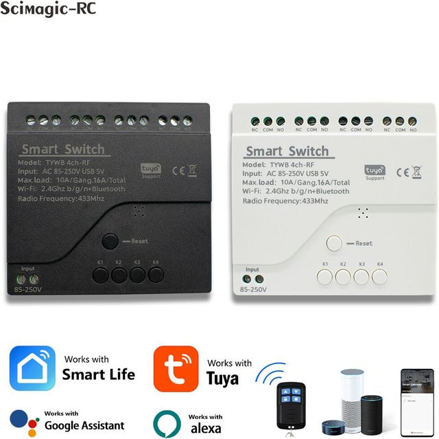 Tuya Smart Wifi Schalter Modul 4 Kanäle mit RF433 App Fernbedienung und Alexa Google Home Kompatibilität Schwarz - Bild 1
