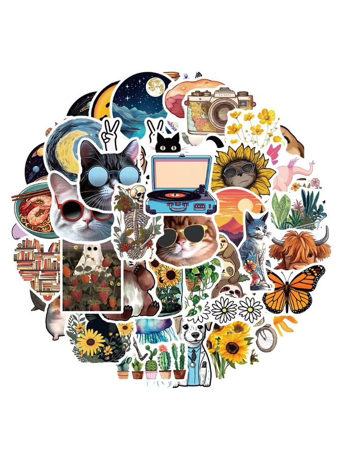 50 Stück Bunte Aufkleber im INS-Stil mit Katzen, Hunden, Tieren und Pflanzen von BulingBulingStickers für Laptop, Notebook und Handyhüllen - Bild 4