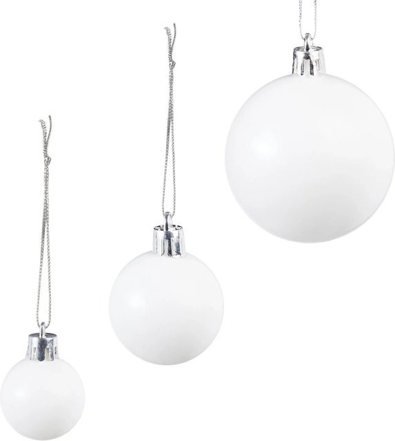 Relaxdays Weihnachtskugeln 100er Set aus Kunststoff in Weiß mit glänzenden, matten und glitzernden Oberflächen in 3 Größen von 4 cm bis 7 cm - Bild 1