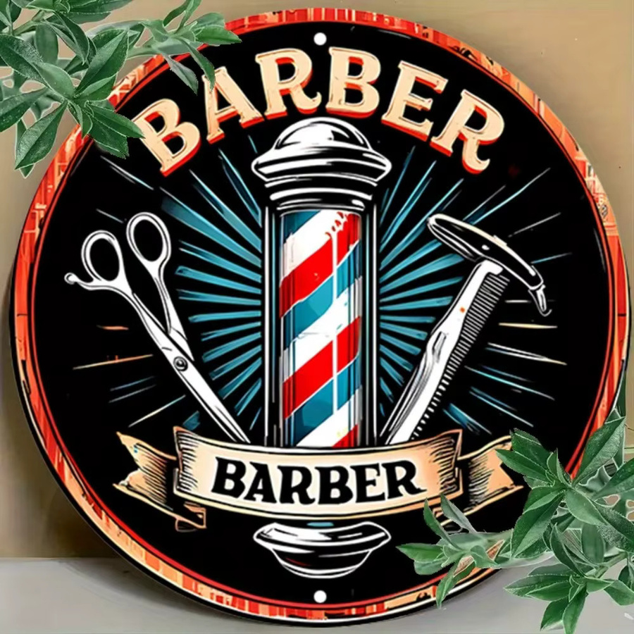 CIFBUY Vintage 2D Flaches Friseurschild aus Aluminium-Metall als runde Wanddekoration in Multicolour mit Schere, Rasiermesser und Rasierer-Illustration - Bild 4