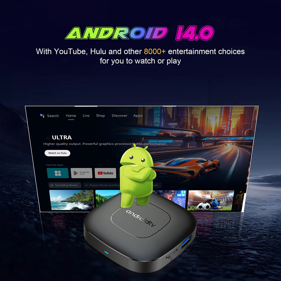MORTAL Smart TV Box Android 14 Media Streamer mit 4K UHD, 2GB RAM, 16GB ROM, WLAN und Bluetooth 5.0 in Schwarz - Bild 2