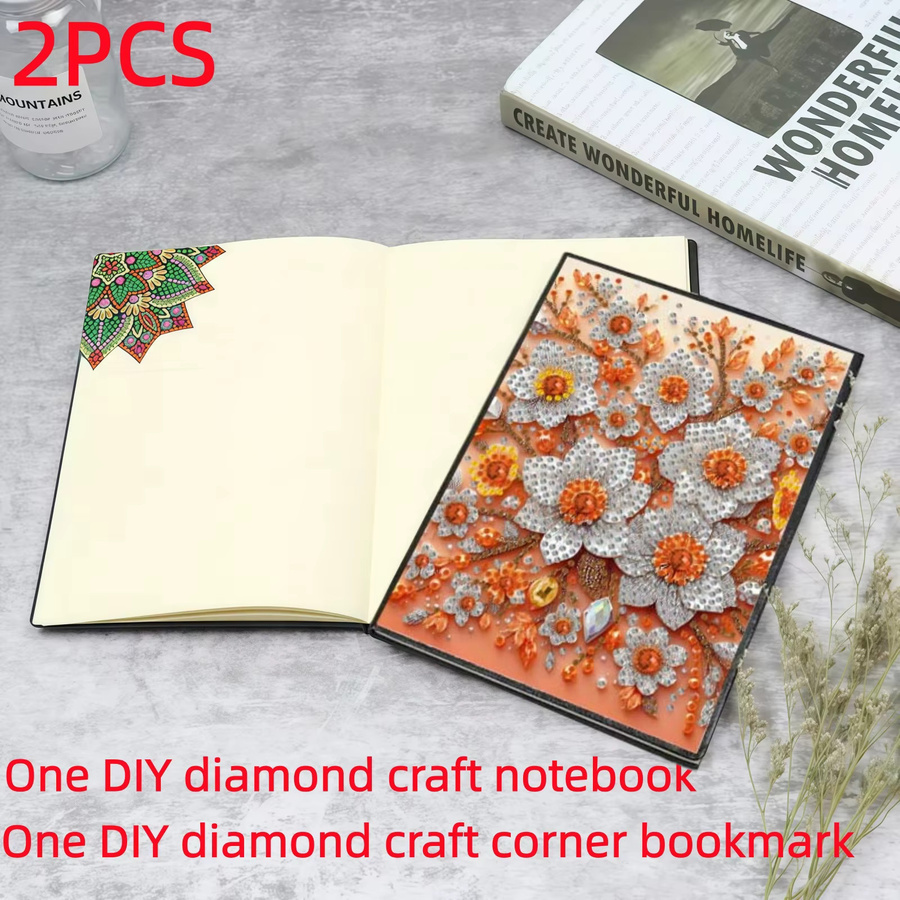 2er Set Diamond-Painting-Notizbuch mit Lesezeichen aus PU-Leder in Multicolour mit Blumenmuster und blanken Seiten - Bild 2