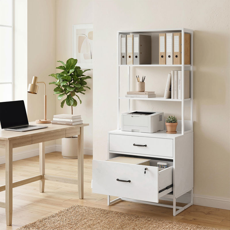 HOMCOM Schreibtisch-Aktenschrank in Weiß mit Regal, 2 Schubladen und Ablagefläche für Drucker sowie Schloss für dein Home-Office - Bild 2