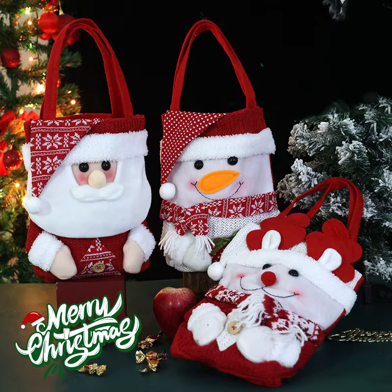 Weihnachtliche Stofftasche mit Santa Claus, Schneemann und Elch als Dekoration für Süßigkeiten und Geschenke, Mehrfarbig - Bild 5