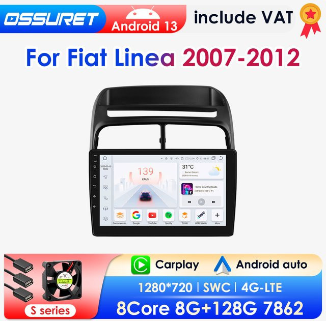 OSSURET 2 DIN Android 13 Autoradio für Fiat Linea 2007-2012 mit Wireless Carplay, 4G, DSP und 360 Grad Kamera in Schwarz - Bild 1