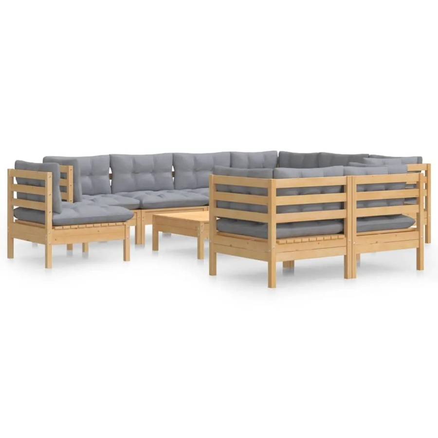 vidaXL 10-tlg. Garten-Lounge-Set aus massivem Kiefernholz in U-Form mit grauen Polstern und Kissen - Bild 2