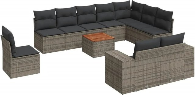 vidaXL 11-tlg Garten-Sofagarnitur in L-Form aus grauem Poly-Rattan mit Kissen und pulverbeschichtetem Stahlgestell - Bild 1