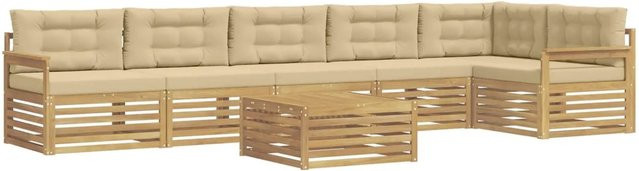 vidaXL Outdoor-Sofagarnitur 7-teilig in L-Form aus massivem Akazienholz mit Kissen in Weiß und Beige - Bild 1