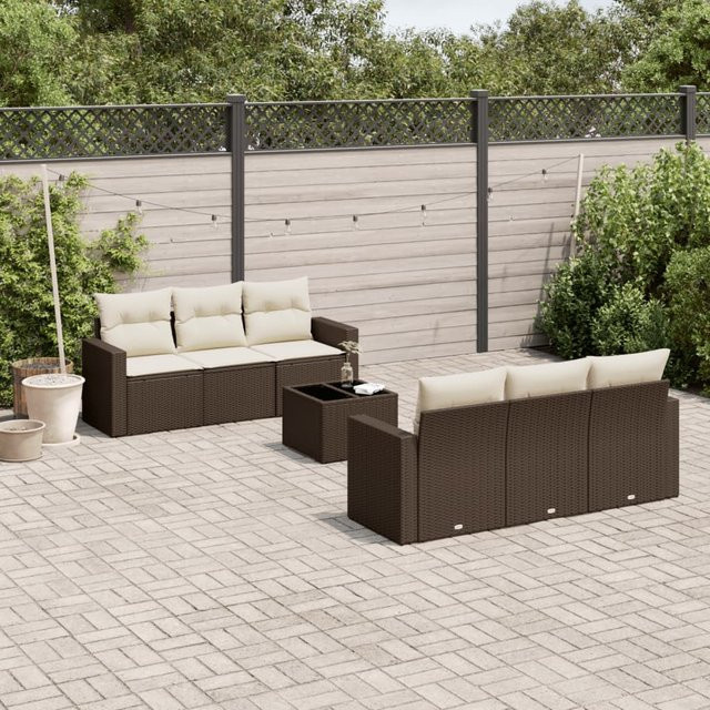 vidaXL 7-teilige Garten-Sitzgruppe aus Polyrattan in Braun mit Kissen und L-Form - Bild 2
