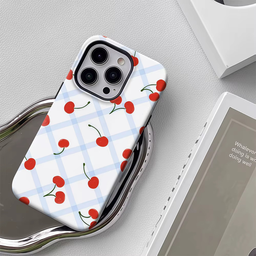 Handyhülle mit rotem Kirschmuster und blauem Schachbrett für Apple iPhone 17 16 15 14 13 12 Pro Max Plus mit doppellagiger Rückseite - Bild 4