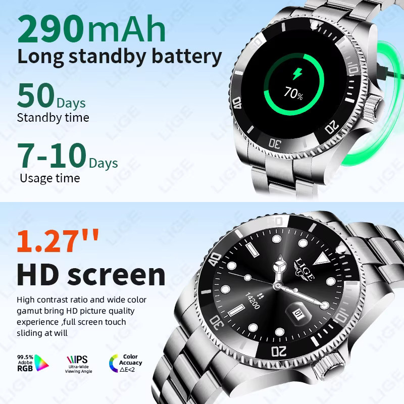 LIGE Smartwatch, Edelstahl, Schwarz, Herren - Bild 6