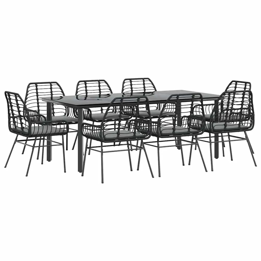 vidaXL 9-teilige Garten-Essgruppe aus Poly Rattan mit Glasplatte und Kissen in Schwarz-Dunkelgrau - Bild 2