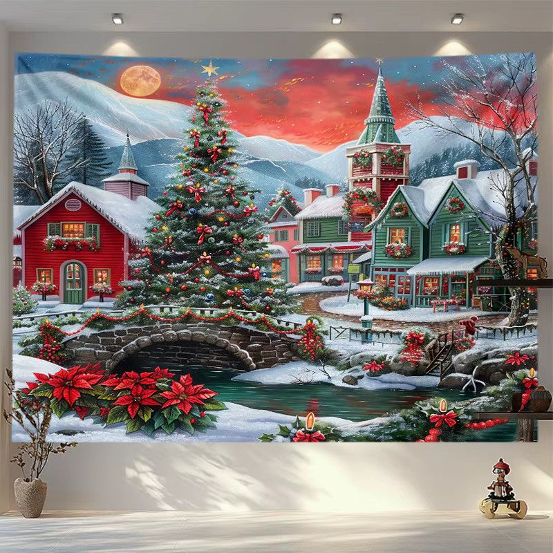 VIKAMA Wandteppich mit amerikanischer Weihnachtsschneeszene und bunten Lichtern Snowy Town Stone Bridge zur Wanddekoration für dein Wohnzimmer - Bild 3