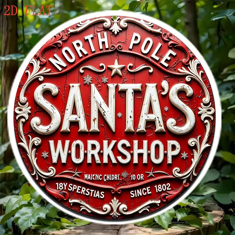 Potdemiel Vintage Santa's Workshop Metall-Wanddekoration für Weihnachten, rund, Durchmesser: 20,3 cm, rot und weiß - Bild 5
