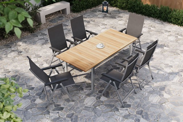 Kettler BasicPlus Garten-Essgruppe mit 6 Sesseln aus Aluminium, Edelstahl und Teakholz in Silber/Anthrazit, ausziehbar und wetterfest - Bild 1
