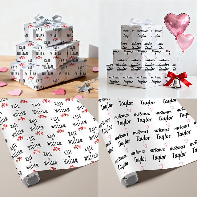 Joy-enlife Geschenkpapier mit Herzmuster und individuellem Namen in Weiß für Valentinstag und Hochzeiten (3 oder 6 Stück) - Bild 1