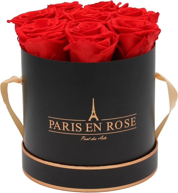 PARIS EN ROSE Rosenbox Schwarz-Roségold mit 9 roten Rosen, Durchmesser: 14,5 cm - Bild 1