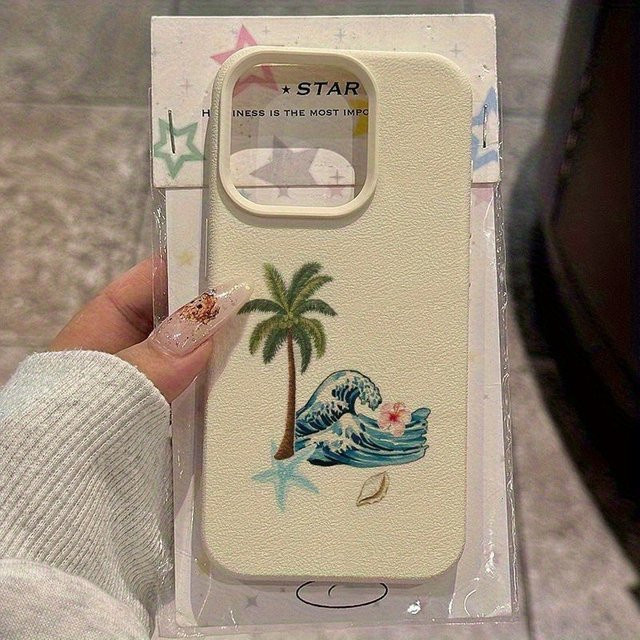 Handyhülle mit Strand Motiv Kokospalme und Wellen in Lychee Textur für iPhone 17, 16, 15 Series in Beige - Bild 1