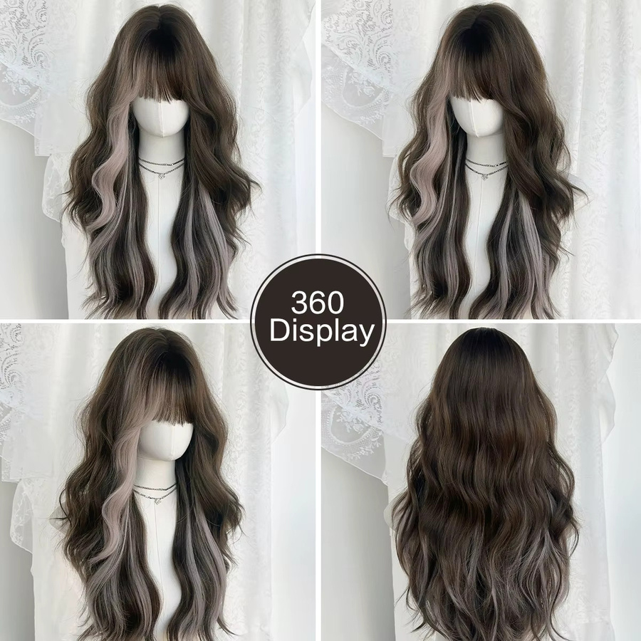 7JHH WIGS Perücke, Lange Wasserwellen, Dunkelbraun-Ombre-Weiß, Damen - Bild 3