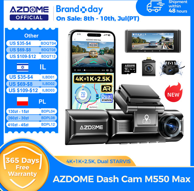AZDOME M550 Max Dash Cam mit 4K Auflösung, GPS und WiFi, 150 Grad Sichtfeld, 24H Parkplatz-Überwachung und Nachtsicht, Schwarz - Bild 1