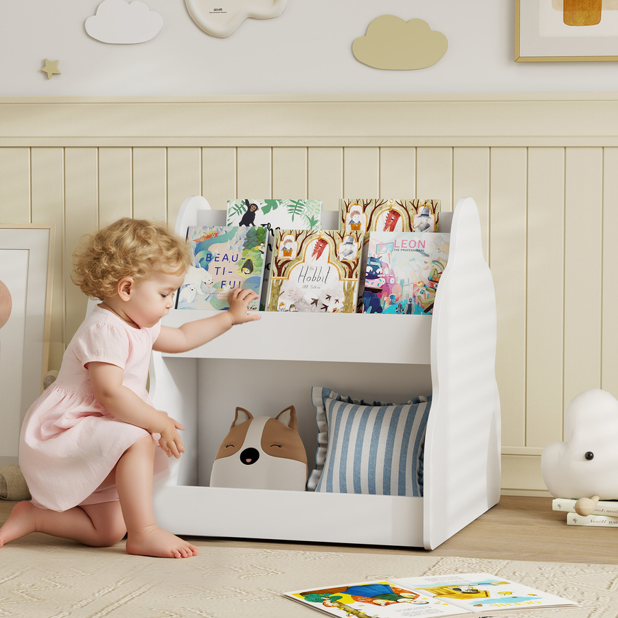 AIYAPLAY Kinderregal mit Rädern, 2-stöckiges Bücherregal und Spielzeugregal für das Kinderzimmer, Spielzimmer oder Wohnzimmer, Weiß, B/T/H: 54 x 50 x 56 cm - Bild 1