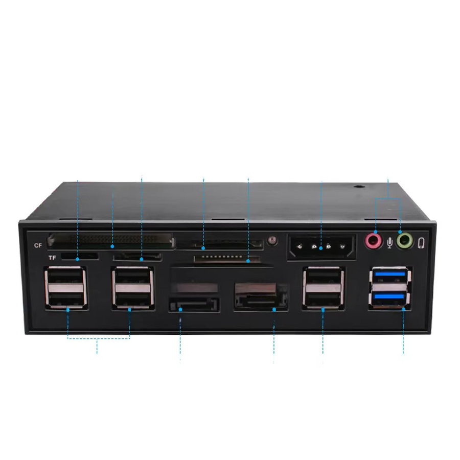 DeepFox Multifunktions-Medien-Dashboard-Kartenleser für 5,25-Zoll-Frontpanels mit USB 2.0, USB 3.0, 20-Pin E-SATA und SATA in Schwarz und Rot - Bild 1