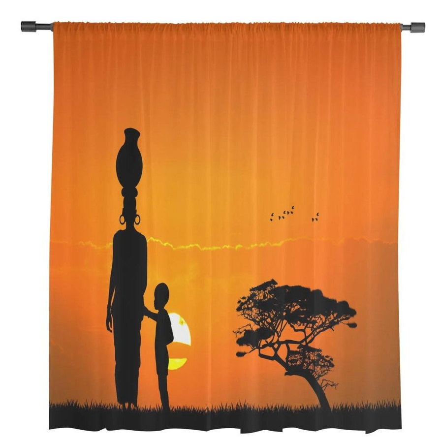 Yiran Furniture Transparente Voile Organza Vorhänge mit Afrikanischen Frau Kind und Baum Silhouetten im Sonnenuntergang Design, Breite: 135 cm, Höhe: 115 cm - Bild 2