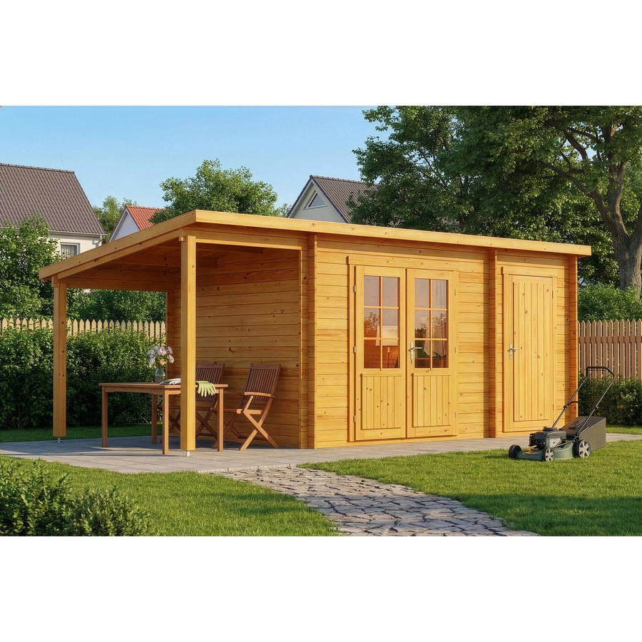 Alpholz Gartenhaus Maria-40 Natur mit Schleppdach B/T: 450 x 250 cm plus 150 cm Zusatzdach, imprägniertes Holzhaus - Bild 2