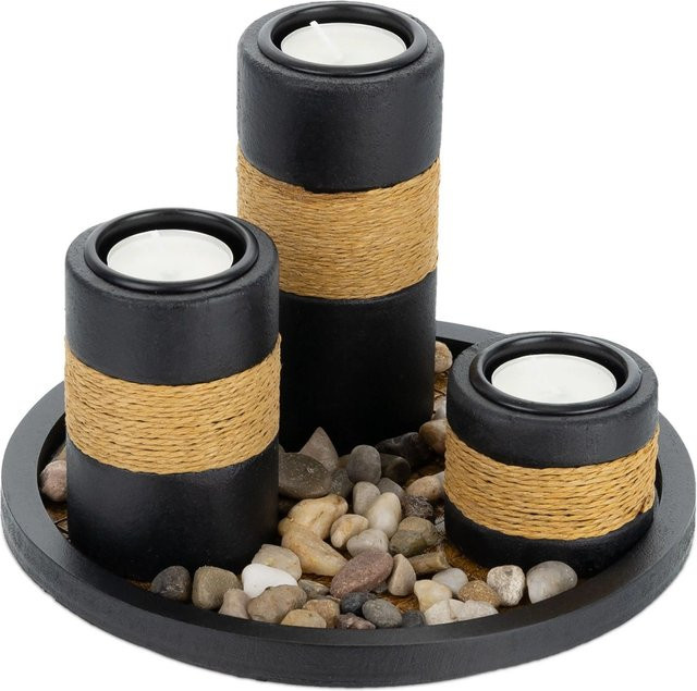 Relaxdays Teelichthalterset mit Tablett aus MDF in Stein-Optik, Schwarz-Braun, B: 19,5 cm, H: 13 cm - Bild 1