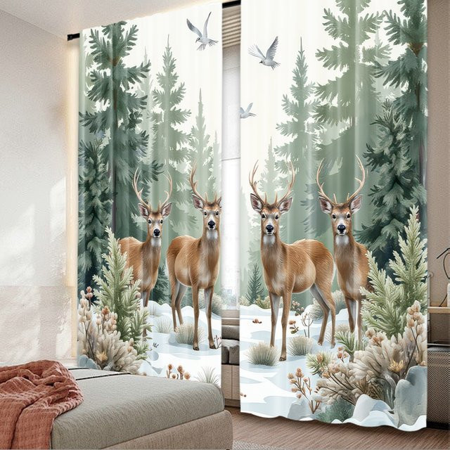 2 Stück WinterStagScene Frohe Weihnachten Party Vorhänge aus Polyester mit 2D-Digitaldruck für deine Weihnachtsfeier und Urlaubsdekoration - Bild 1