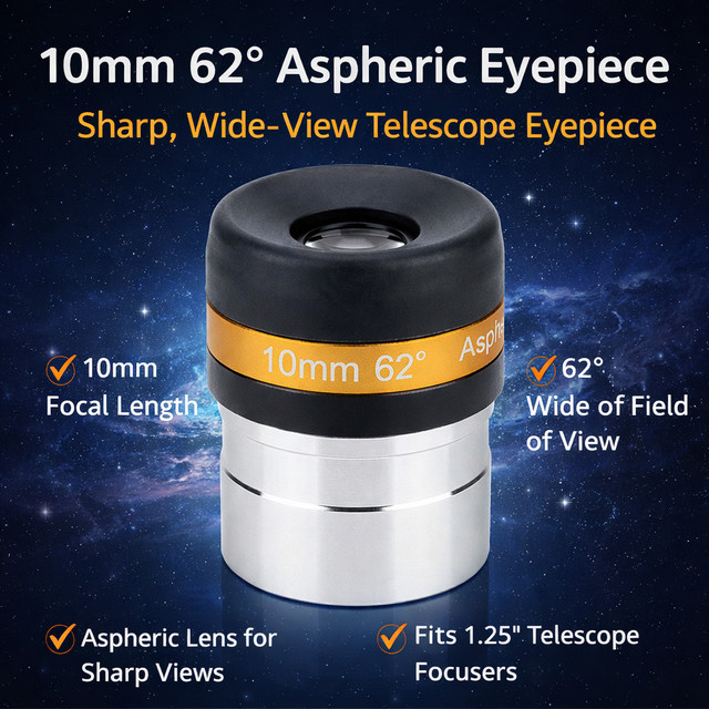 Celestron 10 mm Weitwinkel-Asphärenokular mit 62 Grad Sichtfeld, 1,25 Zoll HD-Teleskopobjektiv in Schwarz für die Beobachtung von Mond, Planeten und Sternbildern - Bild 1