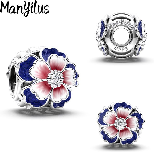 Manyilus Charm Anhänger 925 Silber, Bicolor, Emaille, Blumen - Bild 1