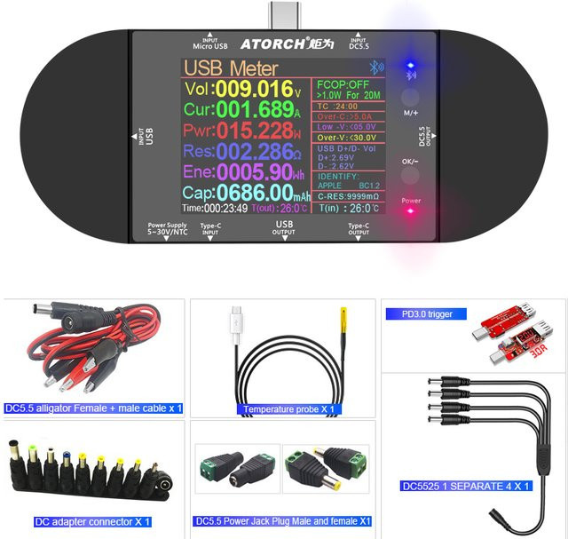ATORCH UD24 Digitaler USB-Tester 2,4-Zoll Voltmeter und Amperemeter für DC5,5 und Typ-C in Schwarz - Bild 1