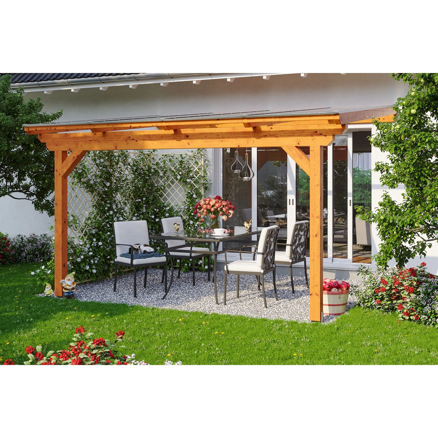 Skan Holz Terrassenüberdachung Ancona aus Leimholz Eiche hell mit Polycarbonat-Dach B/T/H: 434 x 350 cm - Bild 2