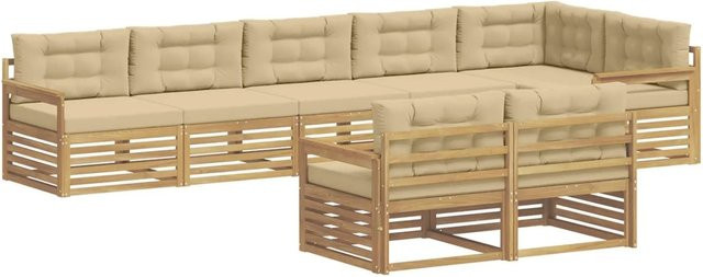 vidaXL Outdoor-Sofagarnitur 8-teilig in L-Form aus Akazienholz mit Kissen in Weiß und Beige - Bild 1