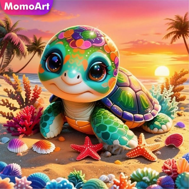 Momoart Diamantmalerei Schildkröte als DIY Kreuzstich Set, Runde Wandkunst im Cartoon-Stil, Mehrfarbig, Durchmesser: 20 cm - Bild 1