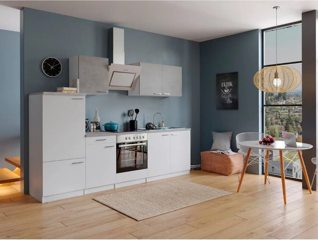 Respekta Economy Küchenzeile KB270WWBSC in Weiß-Beton Optik mit Soft-Close-Türen, Breite: 270 cm, Höhe: 210 cm, Tiefe: 55,5 cm - Bild 1