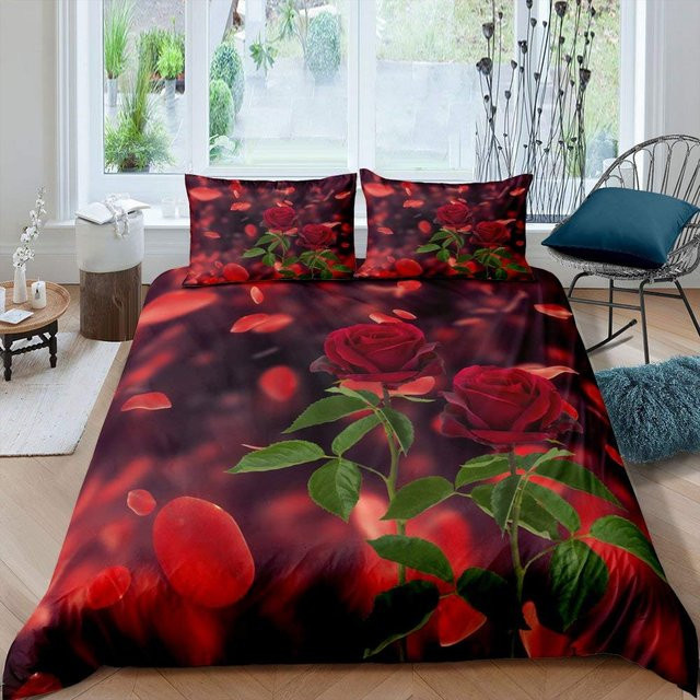Bettwäsche-Set Your Warm Home mit Rosenblüten-Print in Rot, bestehend aus 1x Bettbezug und 2x Kissenbezügen, B/H: 140 x 210 cm, Kissen: 50 x 70 cm - Bild 1