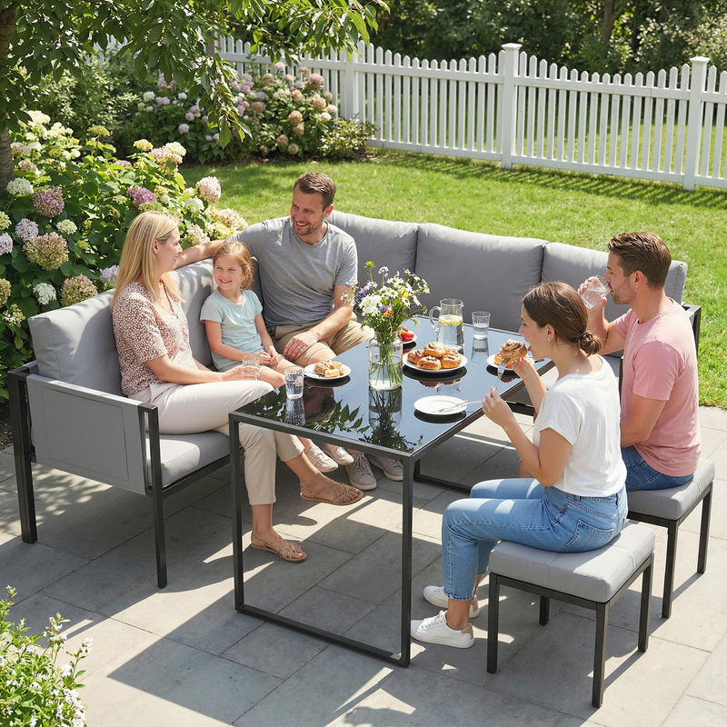 Outsunny Gartenlounge 6-teiliges Ecksofa Set in Grau mit Polstern, Tisch und Hockern aus Stahl und Textilene - Bild 2