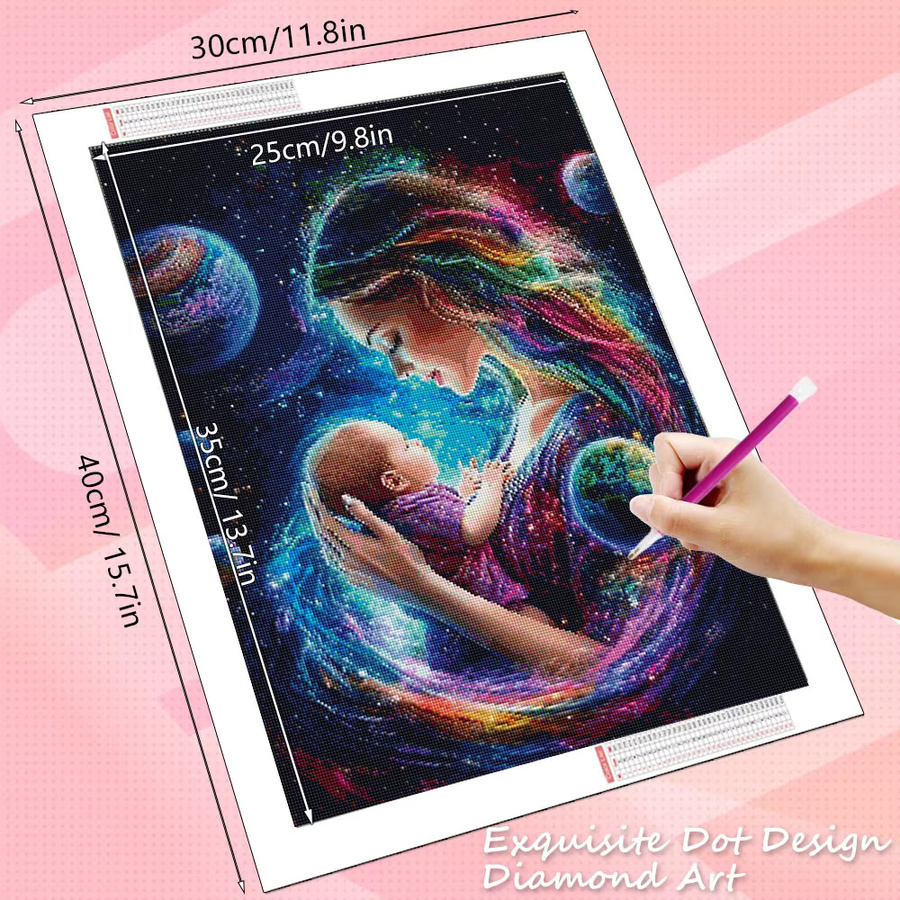 HUACAN Diamantmalerei Mutter und Baby mit Sternenhimmel und Universum, Mosaik 5D Wanddekoration, Rund, Mehrfarbig, Durchmesser: 30 cm - Bild 2