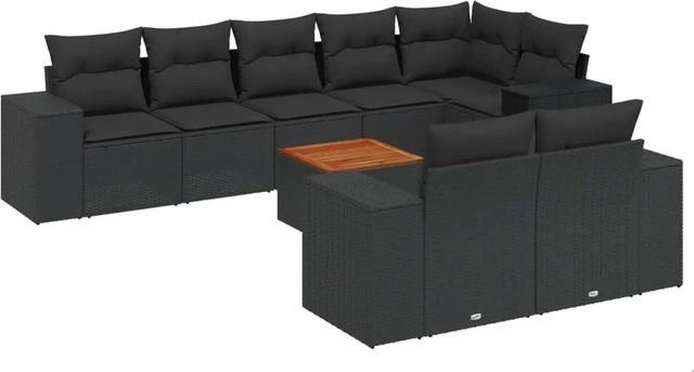 vidaXL 9-tlg. Garten-Sofagarnitur aus Polyrattan und Akazienholz in Schwarz mit Kissen - Bild 1