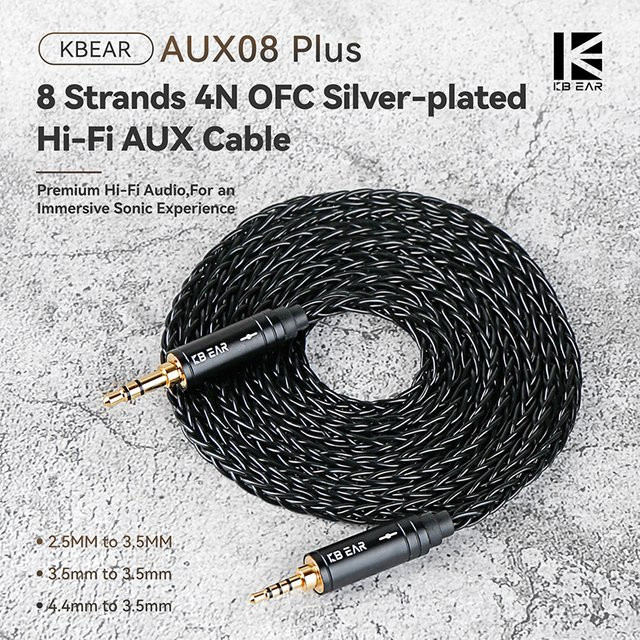 KBEAR AUX08 Plus 8-Kern OFC versilbertes Hi-Fi AUX-Kabel mit 3,5 mm Jack, Schwarz/Silber, Länge: 1,4 m - Bild 1
