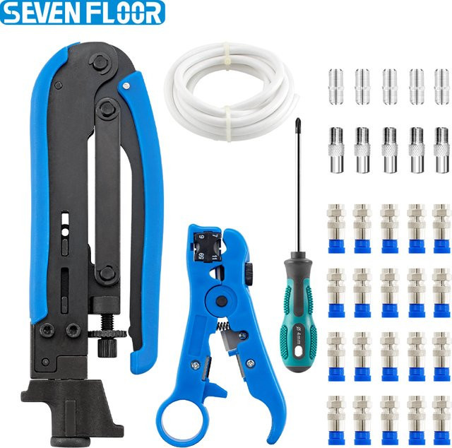 Koaxialkabel Crimper Kit mit RG6 Kompressionswerkzeug und 20 Stück F RG6 Anschlüssen sowie Koaxialkabel Stripper Tool - Bild 1