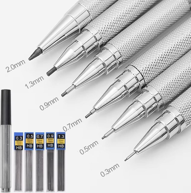 Metall-Druckbleistift-Set HB in Silber für Kunst, Skizzen und Büro mit Minen in 0,3 mm, 0,5 mm, 0,7 mm, 0,9 mm, 1,3 mm und 2,0 mm - Bild 1
