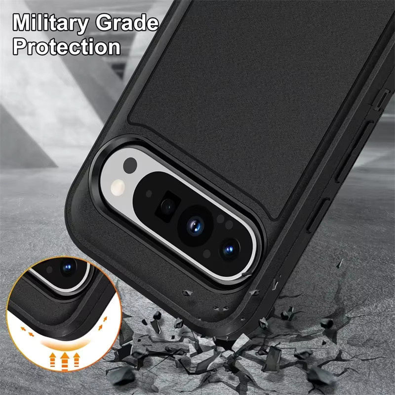 Robuste Hybrid-Schutzhülle mit unsichtbarer Halterung und Anti-Drop-Linsenschutz für Google Pixel 10, Pixel 9 Pro und Pixel 9 XL in Schwarz und Orange - Bild 4