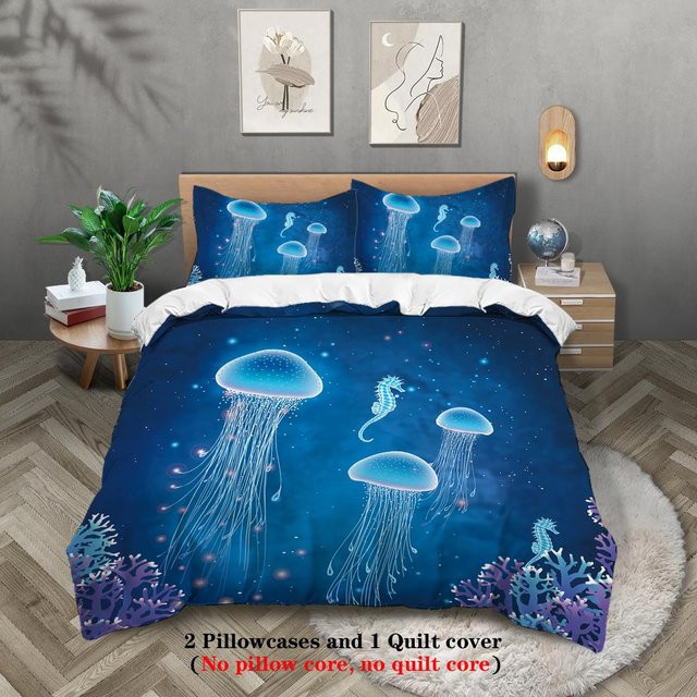Bettwäsche-Set mit Quallen-Druck von Your Warm Home in Blau, bestehend aus 1 Bettbezug und 2 Kissenbezügen, B/H: 229 x 229 cm - Bild 1