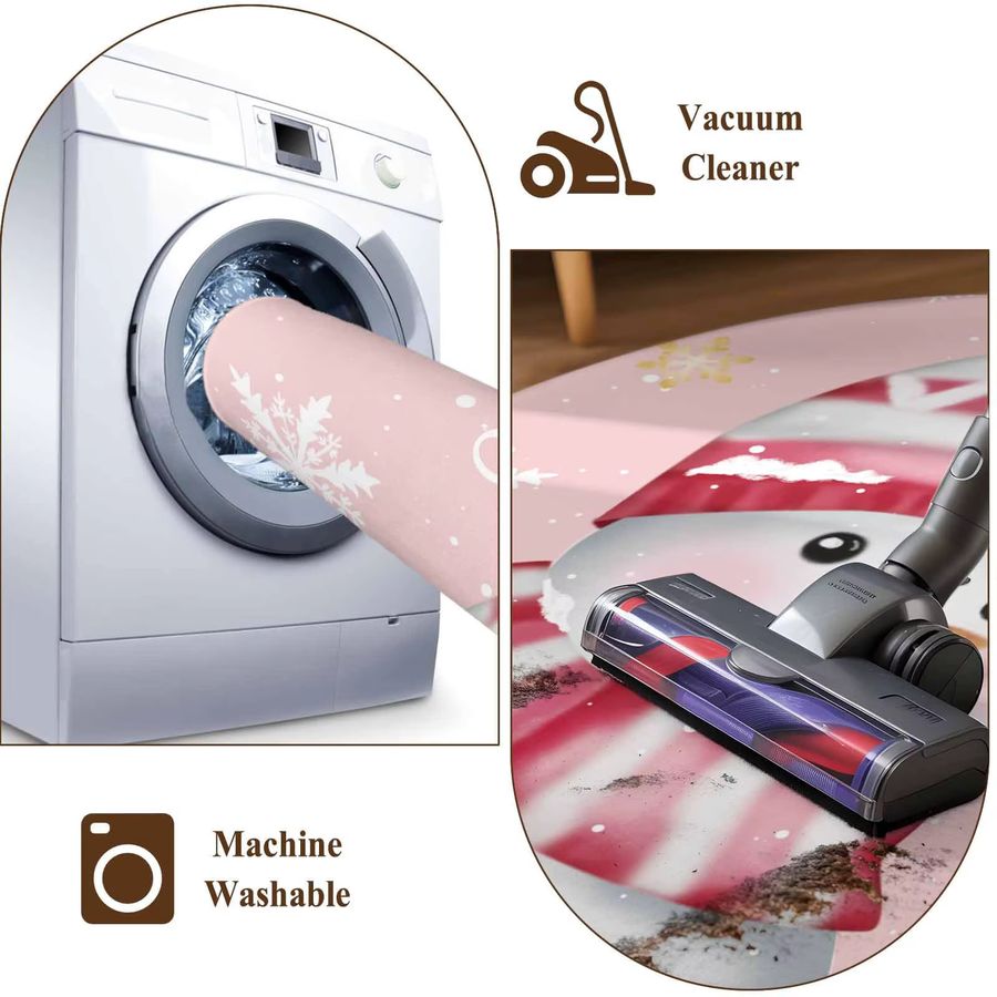 VIKAMA Runder Teppich mit Schneemann-Motiv in Rosa, waschbar und rutschfest für deine Weihnachtsdekoration im Innenbereich - Bild 5